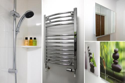 a shower in a bathroom with a glass door at Studio Apartments by Lyter Living Desks & Wifi - Monthly Stays Available in Leicester