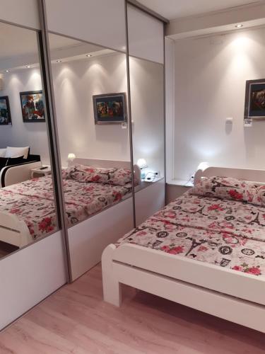 a bedroom with two beds and a mirror at Djakuzi Viktorija in Belgrade