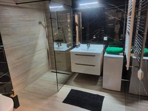 La salle de bains est pourvue de 2 lavabos et d'une douche. dans l'établissement Apartament Berylowa 1, à Konin