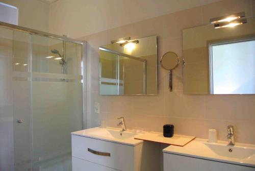 a bathroom with a sink and a shower and a mirror at Appartement Erlandebaita Centre bourg 3 personnes in Urrugne