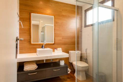 a bathroom with a sink and a toilet and a mirror at Reserva dos Lagos in Laranjeiras
