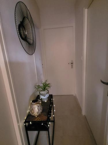 a hallway with a table with a potted plant and a mirror at chambre d'hôte chez Mimidid in Le Landreau