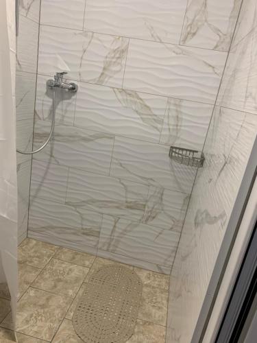 a shower with a glass door in a bathroom at Lito in Zatoka