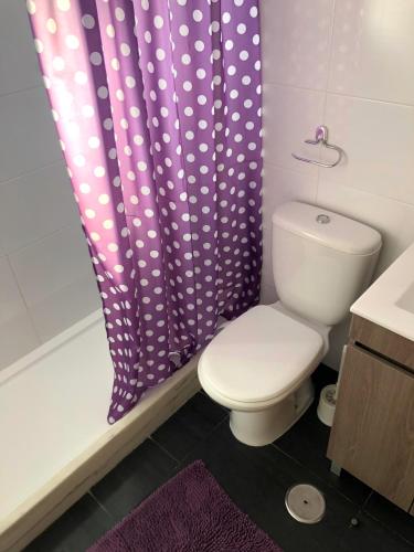 a bathroom with a toilet and a shower curtain at Alojamentos Campo & Mar-T2 com Piscina in São Martinho do Porto