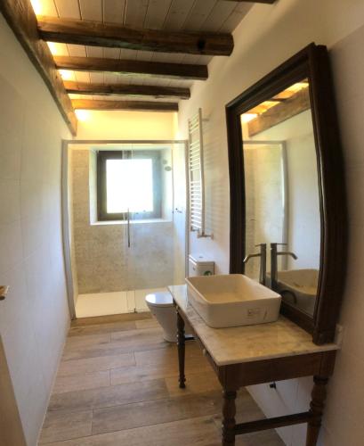 uma casa de banho com um lavatório, um espelho e um WC. em Urruti em Cilveti
