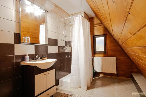 a bathroom with a sink and a shower with a shower curtain at Floarea Bucovinei in Vama