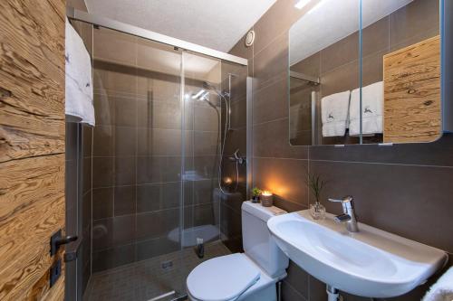 ein Badezimmer mit einem Waschbecken, einem WC und einem Spiegel in der Unterkunft Apartment 42 Crans in Crans-Montana