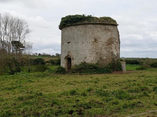an old tower with plants on top of it in a field at Appartement dans gîte vue mer et campagne in Sibiril
