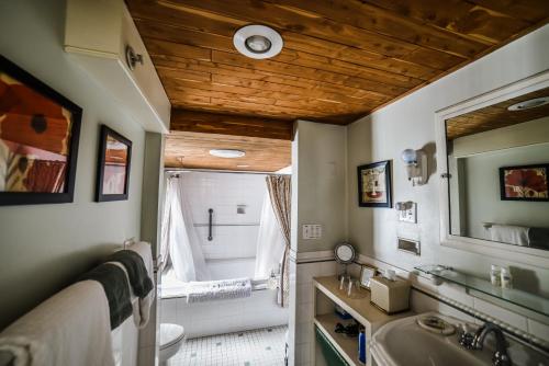 ein Badezimmer mit einem Waschbecken, einem WC und einem Spiegel in der Unterkunft Adair Country Inn & Restaurant in Bethlehem