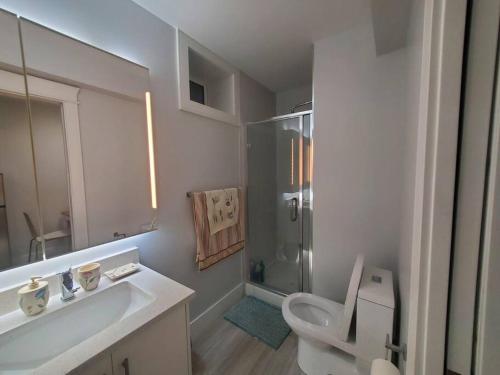 a white bathroom with a sink and a toilet at Cozy Guest Suite in Quiet Home with Private Entry in Vancouver