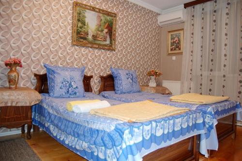 two twin beds in a room with blue sheets at Excellent Hostel Kutaisi in Kutaisi