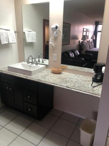 a bathroom counter with a sink and a mirror at Antelope Hills Inn in Prescott