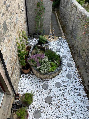 a garden with flowers and plants on a path at Garden Park Guest House in Grantown on Spey