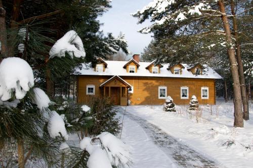 a house covered in snow in the woods at Dolina Bobrów in Siennica