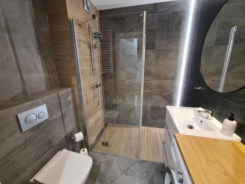 a bathroom with a shower and a toilet and a sink at Apartament Mickiewicza in Puck