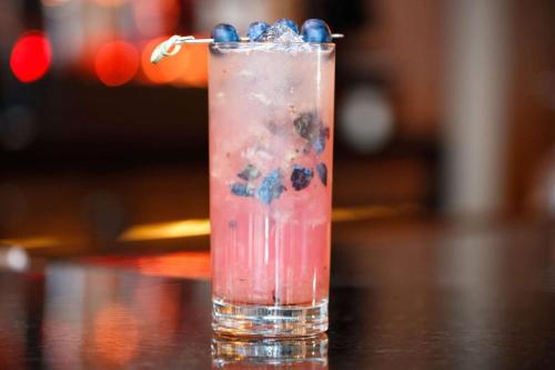 a drink with blueberries and ice on a table at The Royal Sonesta Chicago Downtown in Chicago