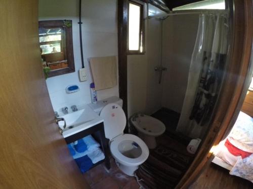 y baño con aseo, lavabo y ducha. en La Cabaña de la casona en Don Torcuato