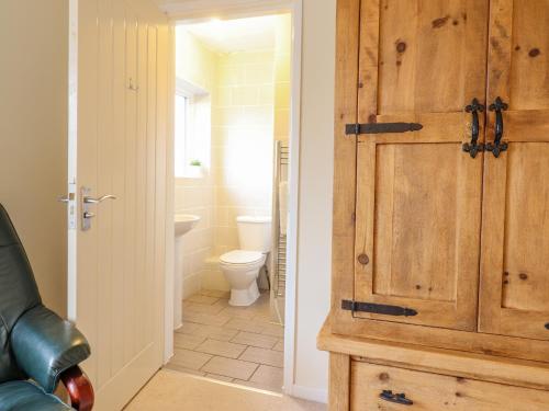a bathroom with a toilet and a wooden door at The Villa in Harlech