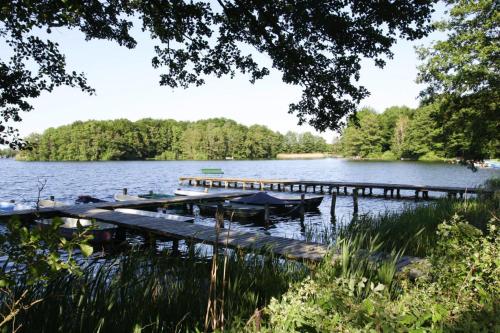 a dock on a lake with a boat on it at Ferienhaus Larsson mit Sauna am Dümmer See, Dümmer in Dümmer