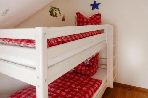 a bunk bed in a boys room with red plaid pillows at Apartment Landhaus Markus, Süderschwei in Süderschwei