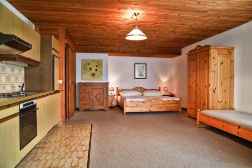una cocina y un dormitorio con una cama en una habitación en Apartments Grafhube, Afritz-Verditz, en Innere Einöde