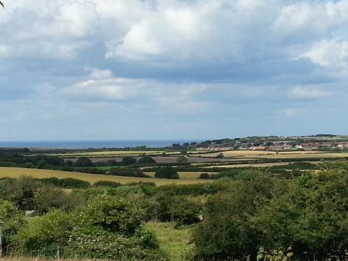a view of a field with the ocean in the background at Ellerby Country Inn in Ellerby
