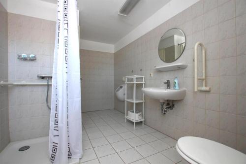 a bathroom with a shower and a sink and a mirror at Flat in Klocksin with a garden in Klocksin