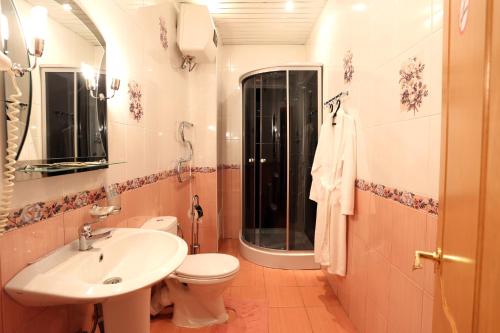 y baño con lavabo, aseo y espejo. en Sovetskaya Hotel, en Lipetsk