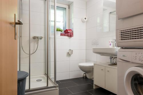 a bathroom with a shower toilet and a sink at Jewel Duplex in Fieschertal