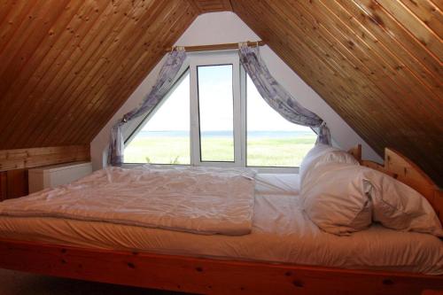 a bed in a room with a large window at Holiday House, Barth in Barth