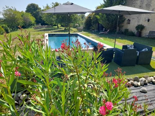 a swimming pool with an umbrella and some flowers at Le Clos Du Presbytere in Puisseguin