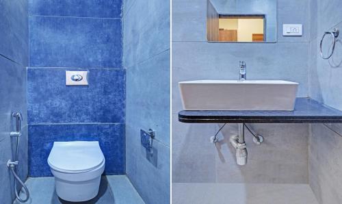 two pictures of a bathroom with a toilet and a sink at Tripli Hotels Le Shelton in Udaipur