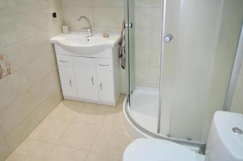 a bathroom with a toilet and a sink and a shower at holiday home, Kolczewo in Kołczewo