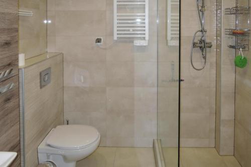 a bathroom with a toilet and a shower at Holiday flat, Lukecin in Łukęcin