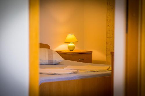a bedroom with a bed with a lamp on a night stand at Apartments Emil in Lokva Rogoznica