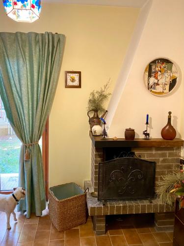 a dog standing in a living room with a fireplace at Appartamento con Giardino - Rocca di Mezzo in Rocca di Mezzo