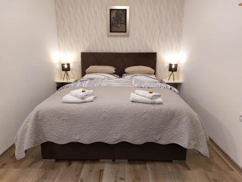 een slaapkamer met een groot bed en handdoeken bij Apartments Alexandra in Celje