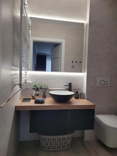 a bathroom with a sink and a mirror at Apartament Portowy in Wilkasy