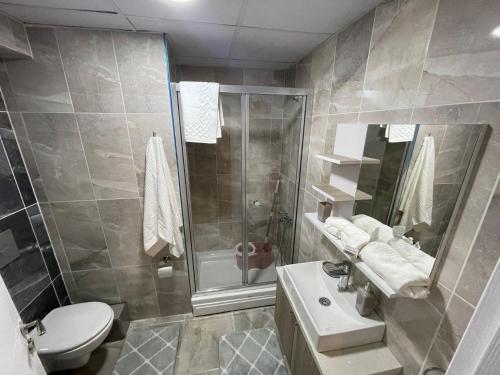 a bathroom with a shower and a toilet and a sink at King Suite AN9 in Istanbul