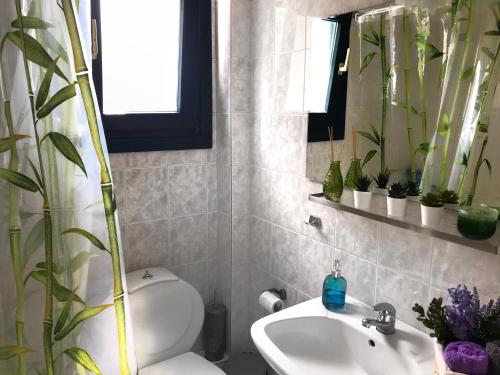 シビリにあるMinimal Resort with Pool in Siviri, 150m from the Seaのトイレと洗面台付きのバスルーム