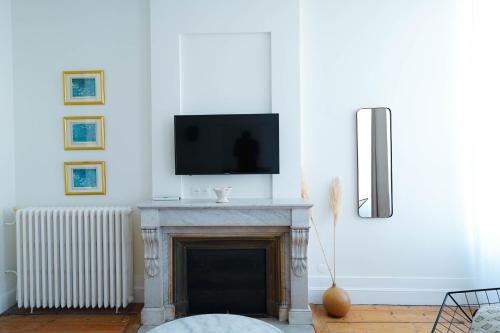 a living room with a fireplace with a flat screen tv at B&B La Maison Galiène in Bordeaux