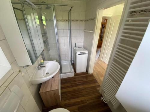 Wulfen auf FehmarnにあるFerienhaus-Maxe-Haus-Paulaのバスルーム(洗面台、トイレ、鏡付)