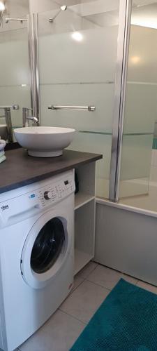 une machine à laver dans une salle de bain avec un lavabo dans l'établissement 65 Rue Pierre Rameil Appartement, à Cavalaire-sur-Mer