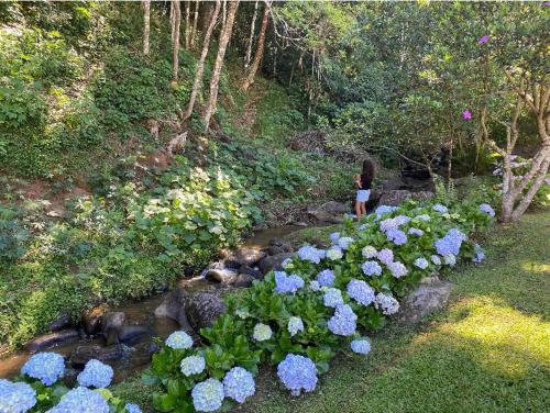 kobieta stojąca obok ogrodu z niebieskimi kwiatami w obiekcie Bangalô na Natureza w mieście Nova Friburgo