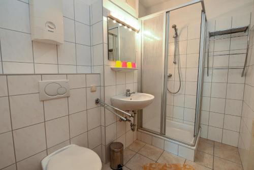 a bathroom with a shower and a toilet and a sink at Haus "Luv und Lee" Appartement LEE01 in Döse
