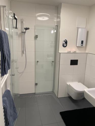 a white bathroom with a shower and a toilet at Pier 67 Neustadt in Neustadt in Holstein