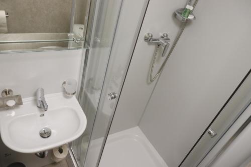 a bathroom with a sink and a shower at Botel Racek in Prague