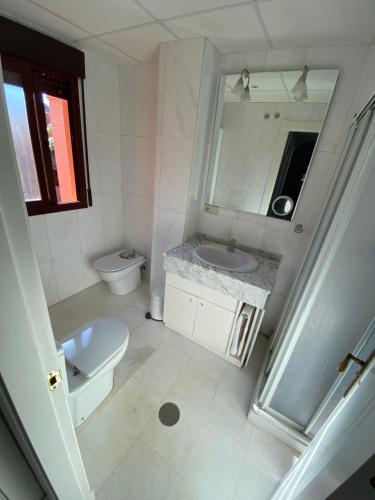 a bathroom with a toilet and a sink and a mirror at Albatros Apartamentos Playa Granada in Motril