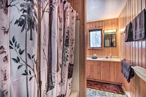 een badkamer met een douchegordijn en een wastafel bij Cabin with Fireplace Less Than 1 Mile to Lakes and Golf in Pequot Lakes