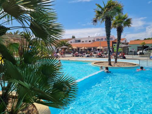 a pool with palm trees and people in the water at Mobil home sur camping 4 étoiles CAP SOLEIL St Denis d'Oléron in La Bétaudière